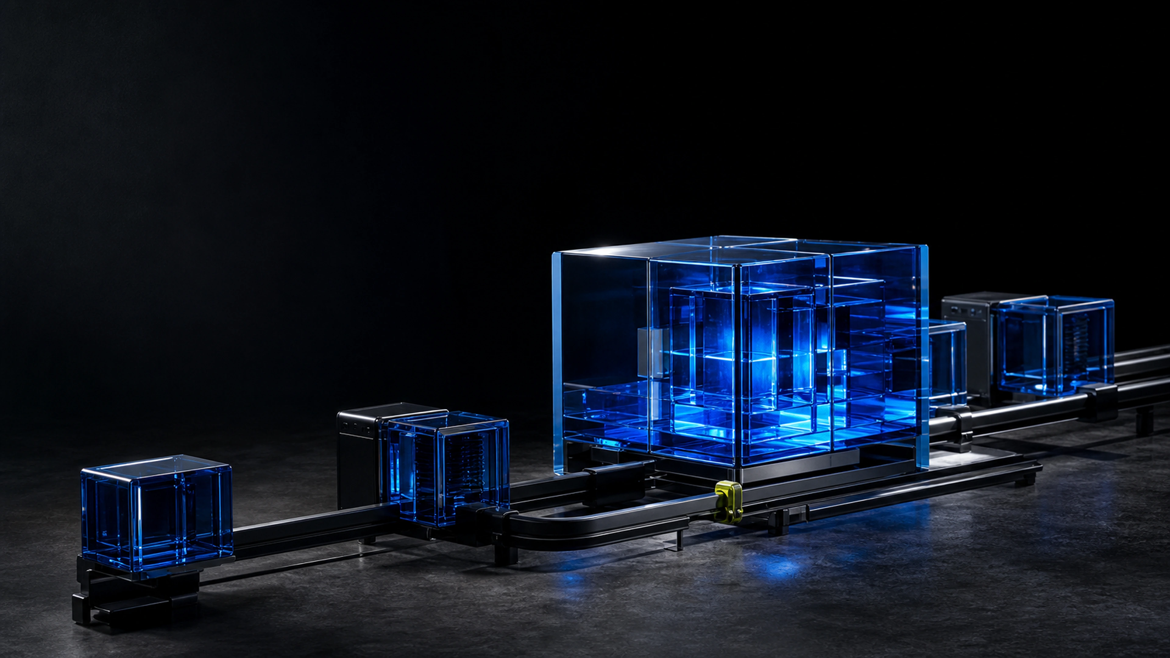 Blue glass modules of different sizes on a single rail in a dark studio